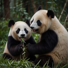 Obraz premium Pandas eating bamboo trees