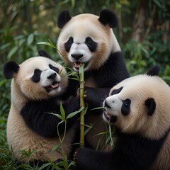 Obraz premium Pandas eating bamboo trees