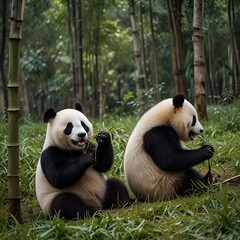 Fototapeta premium Pandas eating bamboo trees