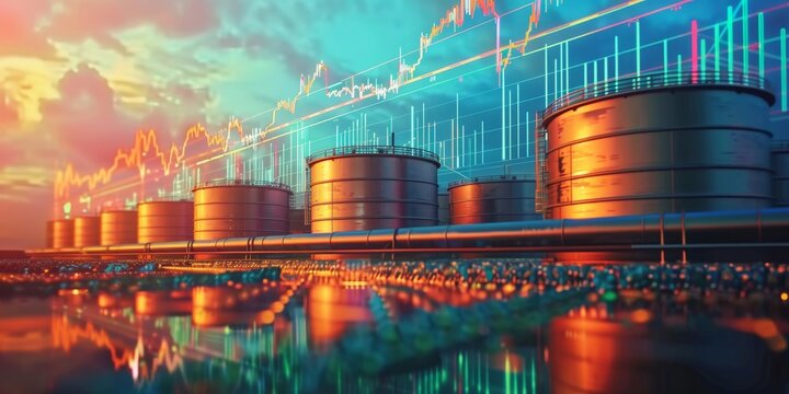 Large industrial oil storage tanks with a stock market chart displayed in the background