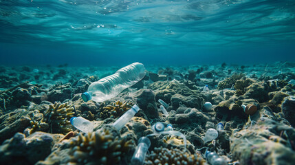 Fototapeta premium plastic bottles waste in ocean bed marine pollution concept