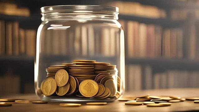 gold coins in a jar on bokeh background. money saving, money matters tips to investment and business financial banking for Financial save money concept