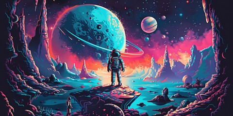 a image of a man standing in a space with planets in the background