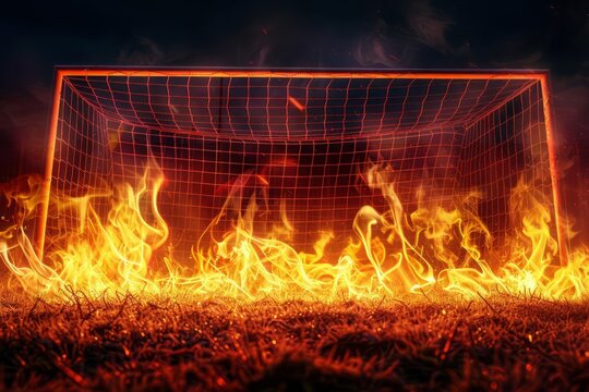 Design a soccer goal surrounded by flickering fire flames, giving a dramatic and intense effect