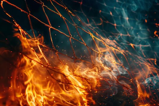 Design a soccer goal surrounded by flickering fire flames, giving a dramatic and intense effect