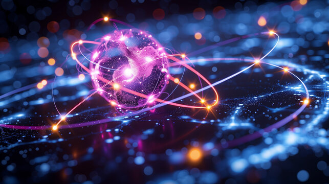 A glowing 3d model of purple atom with nucleus surrounded by orbital electrons for scifi scientific concept of atomic physics, quantum state and subatomic particle. Protons and neutrons 