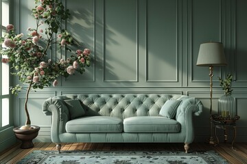 modern bedroom with bed, pink and beige colors, classic interior design