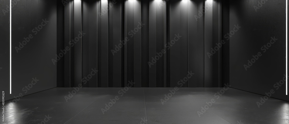 Poster empty black studio with dark lines and light accents, 3d rendering of a modern and abstract setting