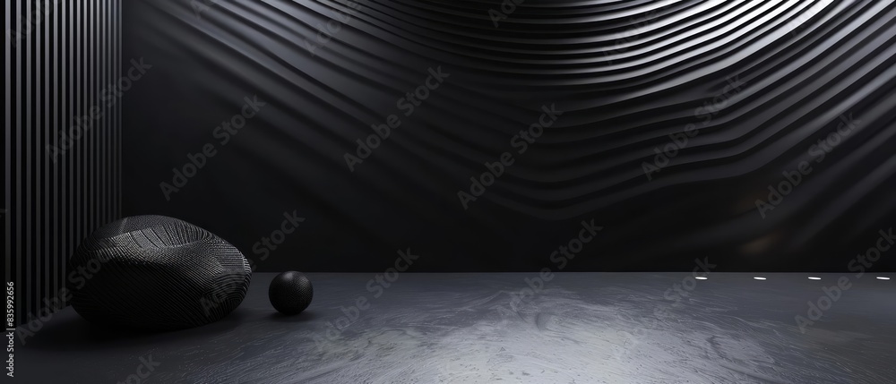 Poster empty black studio with dark lines and light accents, 3d rendering of a modern and abstract setting