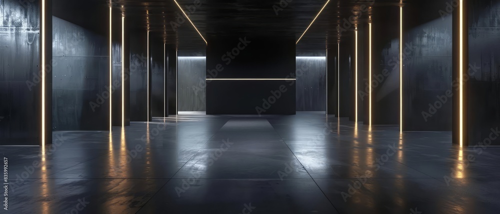 Poster empty black studio with dark lines and light accents, 3d rendering of a modern and abstract setting