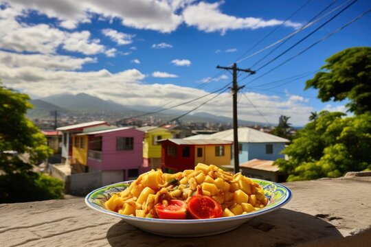 Jamaican ackee and saltfish with a backdrop of a colorful Kingston neighborhood.