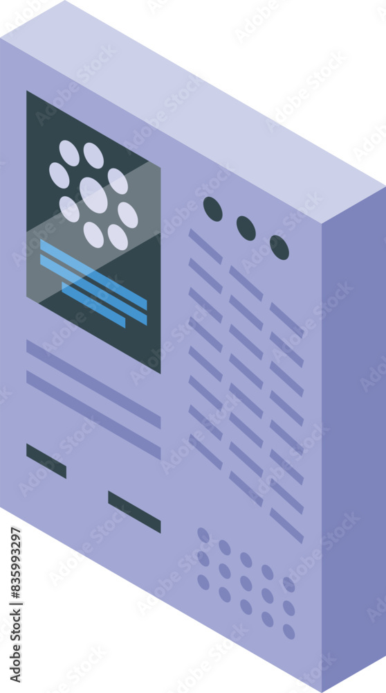 Poster digitally rendered isometric illustration of a modern computer server rack