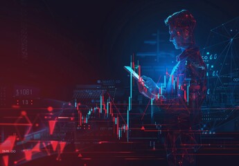 A trader with a tablet and rising arrow signs illustrates an abstract stock exchange in a futuristic low poly wireframe style, symbolizing an investment boost. Digital stock market banner.