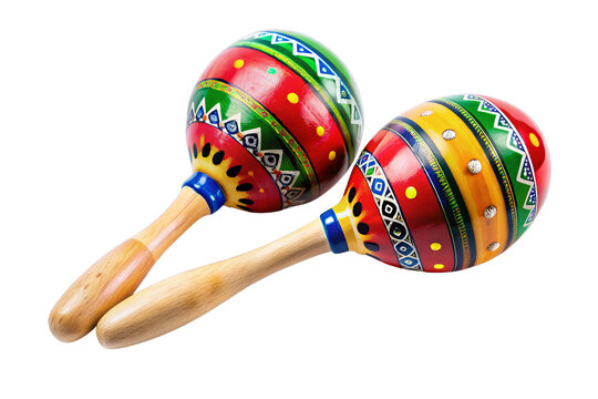 Colorful pair of traditional maracas with vibrant designs, perfect for music and cultural celebrations, isolated on a white background.
