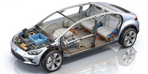 Isometric cutaway diagram of modern EV car components , technology, electric vehicle, battery, motor, diagram, energy efficiency, automotive, renewable energy, sustainability
