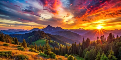 Scenic sunset in the mountains with vibrant colors, sunset, mountains, nature, landscape, colorful, sky, clouds, dramatic, picturesque, evening, dusk, beauty, tranquil, peaceful, serene