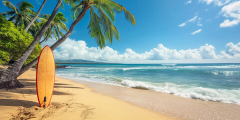 A scenic beach with surfboard, turquoise waters, and palm trees, perfect for a tropical summer vacation.