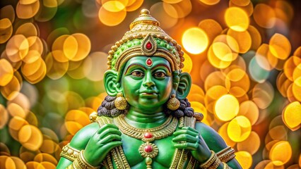 Green colored Hanuman statue with bokeh background , Hanuman, statue, green, bokeh, background, religion, spirituality, Hinduism, deity, ornament, decorative, vibrant, traditional, culture