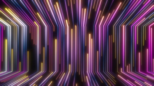 Abstract background. Pink blue vertical neon lines with glowing trails. Appear, slide up and fade away.