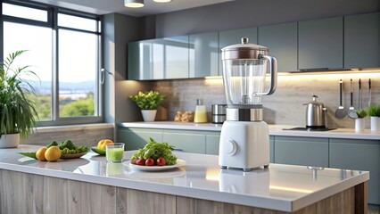 Sleek modern white blender in a contemporary kitchen setting, blender, modern, white, glass jar, kitchen, appliance, contemporary, design, minimalist, sleek, blending, smoothies, healthy