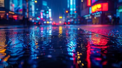 Fototapeta premium Vibrant city street at night with colorful neon lights reflecting on wet pavement, creating a captivating and lively urban scene.