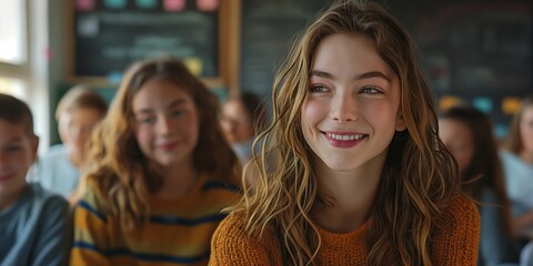 Obraz premium A young teacher sitting with students in a snug and welcoming classroom
