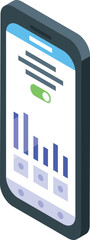 Isometric design of a modern smartphone displaying graphs and data for business analytics