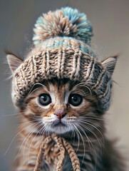 Cute kitten wearing a hat, very cute, with big eyes, in a wool scarf, calendar concept