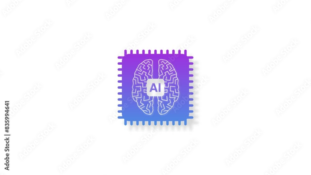 Aufkleber animation of ai brain with pc processor on black background.