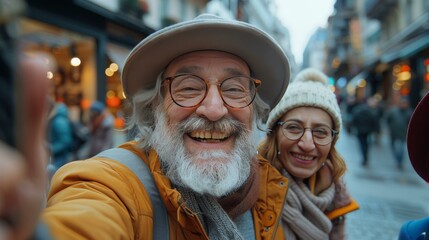 Joyful senior friends capture memories as they take a selfie outdoors in the city using a smart mobile phone. Technology and lifestyle concept.