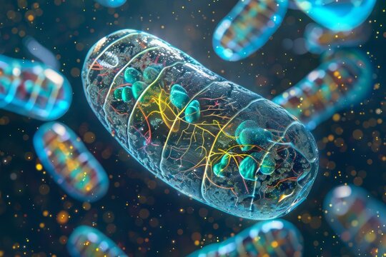 Intricate microscopic image of mitochondria in a cell, suitable for medical research, emphasizing the detailed structure and functions of cell components