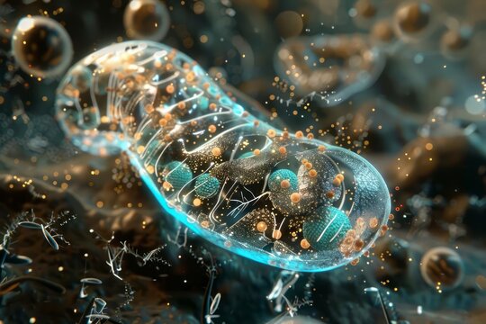 Intricate microscopic image of mitochondria in a cell, suitable for medical research, emphasizing the detailed structure and functions of cell components
