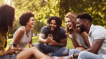 Friends laughing and enjoying a picnic