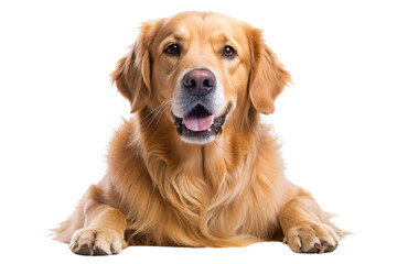 Golden Retriever dog laying down and looking at the camera with a happy expression, isolated on a white background.