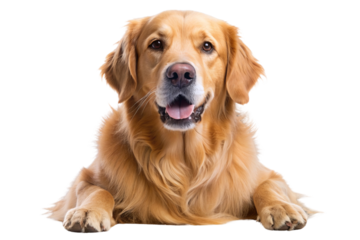 Golden Retriever dog laying down and looking at the camera with a happy expression, isolated on a white background.