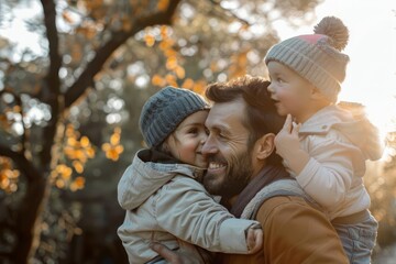 Fototapeta premium Joyful Family Portrait Two Loving Dads with Their Children, LGBT Representation