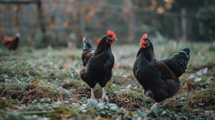 Small chickens in the farmyard Dark chickens in the field