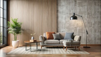 Modern living room with textured empty wall in neutral tones. Japandi interior design with black minimalist lamp, gray armchair and coffee table, modern, living room, textured, wall