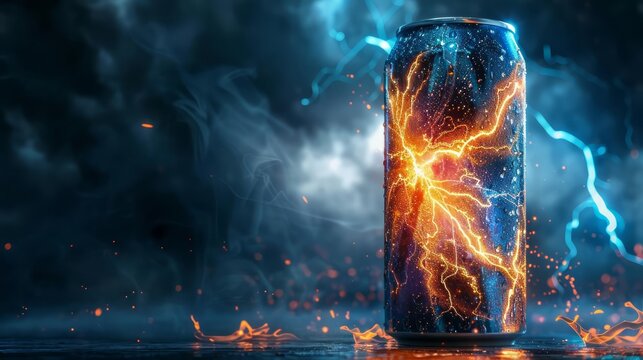 Lightningthemed energy drink can, symbolizing high energy and intense power