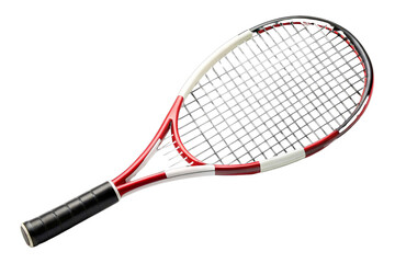 High-quality tennis racket with black grip and red, white design. Suitable for professional and casual games, enhancing performance and style.