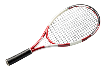 High-quality tennis racket with black grip and red, white design. Suitable for professional and casual games, enhancing performance and style.