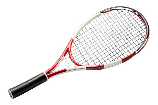 High-quality tennis racket with black grip and red, white design. Suitable for professional and casual games, enhancing performance and style.
