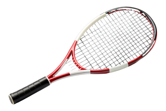 High-quality tennis racket with black grip and red, white design. Suitable for professional and casual games, enhancing performance and style.