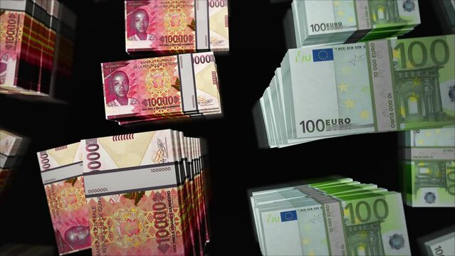 Euro and Guinea money Guinean francs money exchange. Paper banknotes pack bundle. Concept of trade, economy, competition, crisis, banking and finance. Notes loopable seamless 3d animation.