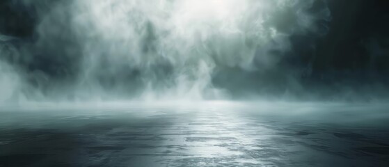 Mystical dark gray background with fog and light on the floor, creating an eerie atmosphere for showcasing products