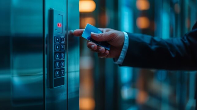 Businessperson using a key card to access an elevator. Concept of security technology and corporate office entry systems.