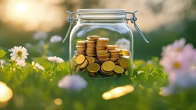 gold coins in a jar on bokeh background. money saving, money matters tips to investment and business financial banking for Financial save money concept