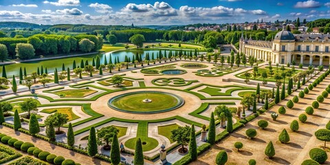 Aerial view of the meticulously designed gardens at the Palace of Versailles, Versailles, Palace,...