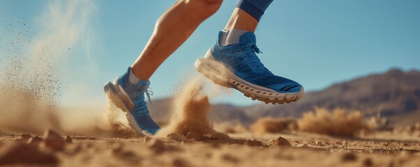 Close-up of a man's feet clad in blue joggers as he runs in a desert, with swirling dust particles
