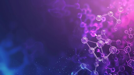 Scientific or medical banner featuring a molecular structure with connected spheres on a purple and blue background, highlighting science, chemistry, and laboratory research